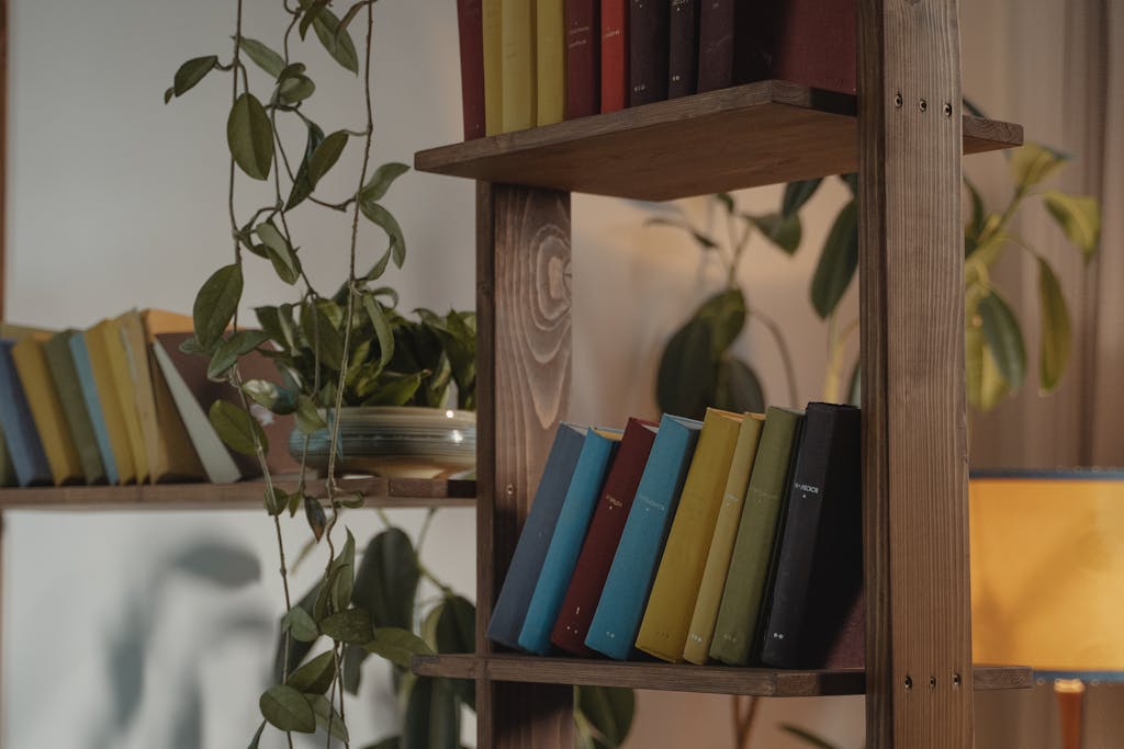 A cozy indoor scene with colorful books on a wooden bookshelf, perfect for interior design concepts.