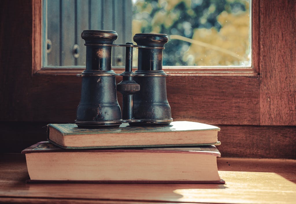 Rustic scene of antique binoculars on books by a sunny window.